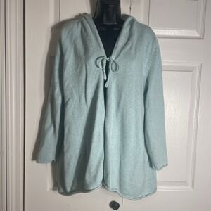 Pure Jill Cotton Cashmere Blend Cardigan Women L Blue Hooded Knit Pockets Tied